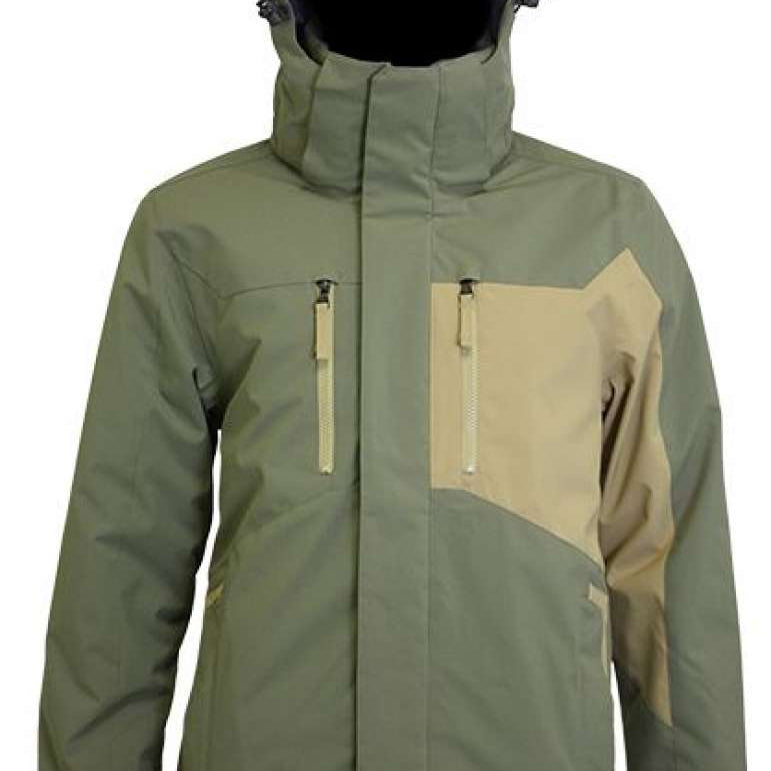 Turbine Jedi Insulated Jacket - A sage green jacket with a hood, featuring two zippered pockets on the front and a black zipper pull.