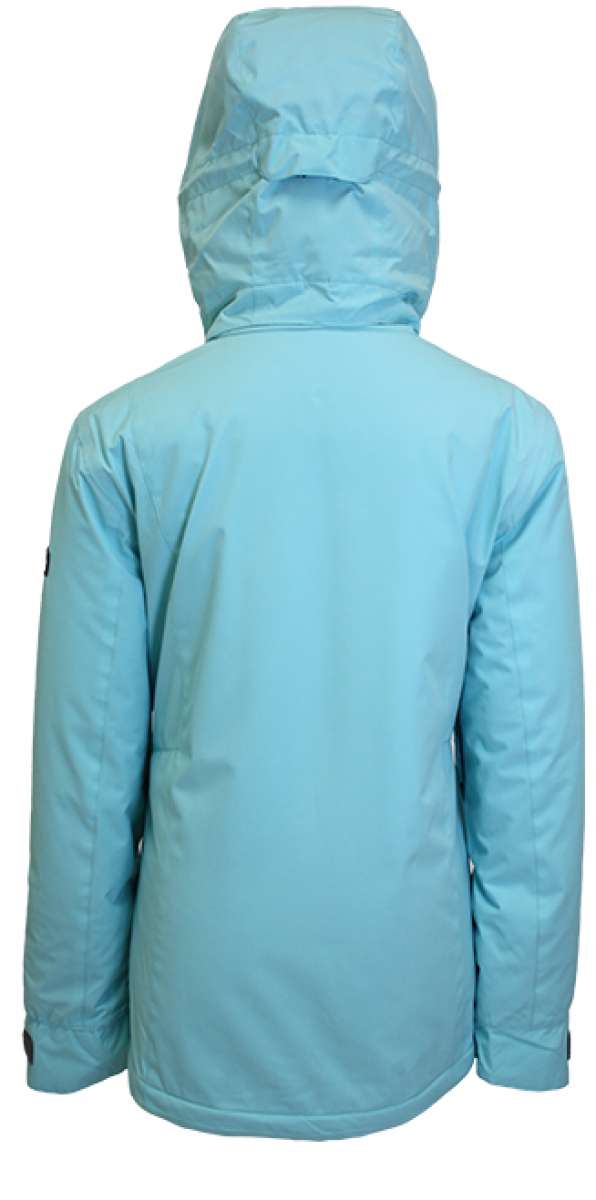 Turbine Juniors Iris Insulated Jacket 2023 - A light blue jacket with a hood, featuring a zipper and two pockets on either side.