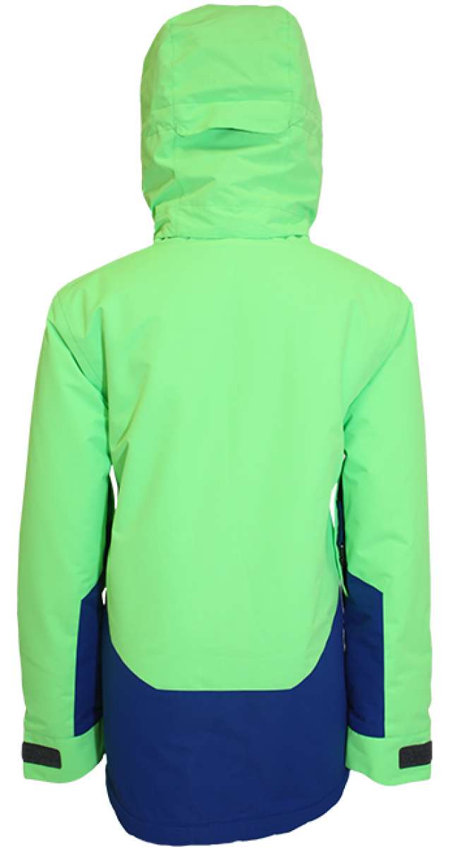 Turbine Juniors Method Insulated Jacket 2023 - A bright green jacket with a darker green panel on the back and sleeves, featuring black zippers and a hood.