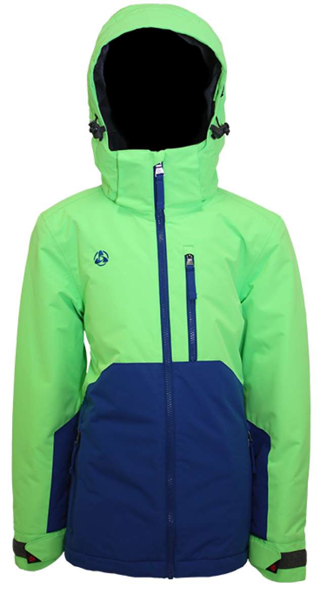 Turbine Juniors Method Insulated Jacket 2023 - A bright green and navy blue jacket with a hood, featuring two zippered pockets on the front.