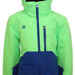 Turbine Juniors Method Insulated Jacket 2023 - A bright green and navy blue jacket with a hood, featuring two zippered pockets on the front.