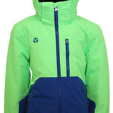 Turbine Juniors Method Insulated Jacket 2023 - A bright green and navy blue jacket with a hood, featuring two zippered pockets on the front.