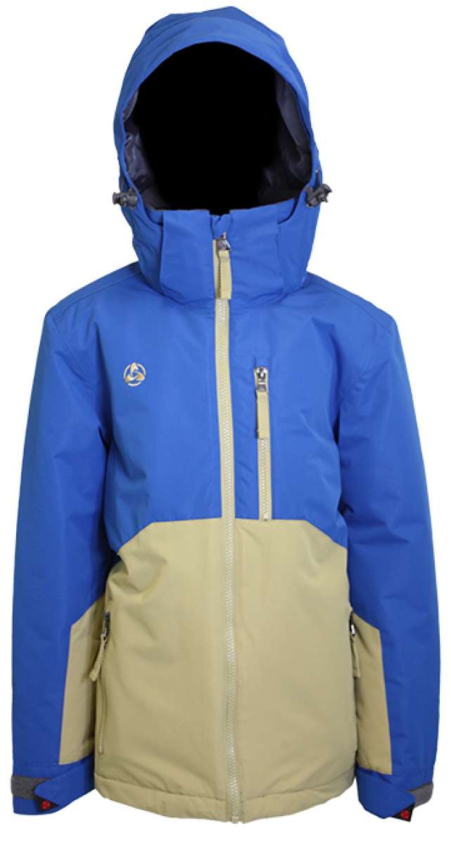 Turbine Juniors Method Insulated Jacket 2023 - A blue and tan jacket with a hood, featuring two zippered pockets on the front.