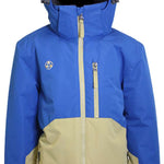 Turbine Juniors Method Insulated Jacket 2023 - A blue and tan jacket with a hood, featuring two zippered pockets on the front.