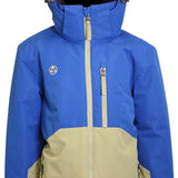 Turbine Juniors Method Insulated Jacket 2023 - A blue and tan jacket with a hood, featuring two zippered pockets on the front.