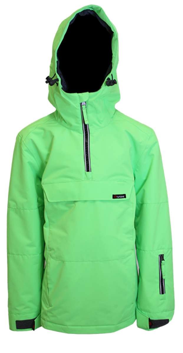 Turbine Juniors Ripper Insulated Anorak Jacket 2023 - A bright green jacket with a hood and black zipper.