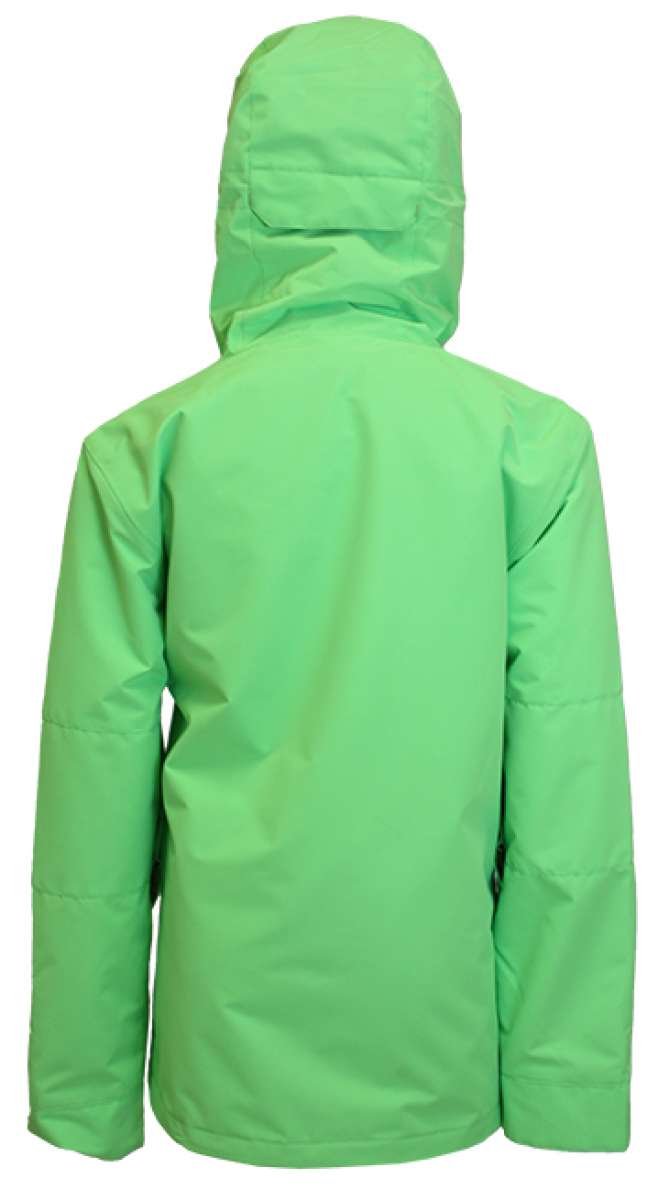 Turbine Juniors Ripper Insulated Anorak Jacket 2023 - A bright green jacket with a hood, featuring two zippered pockets on the front and a zipper closure down the center.