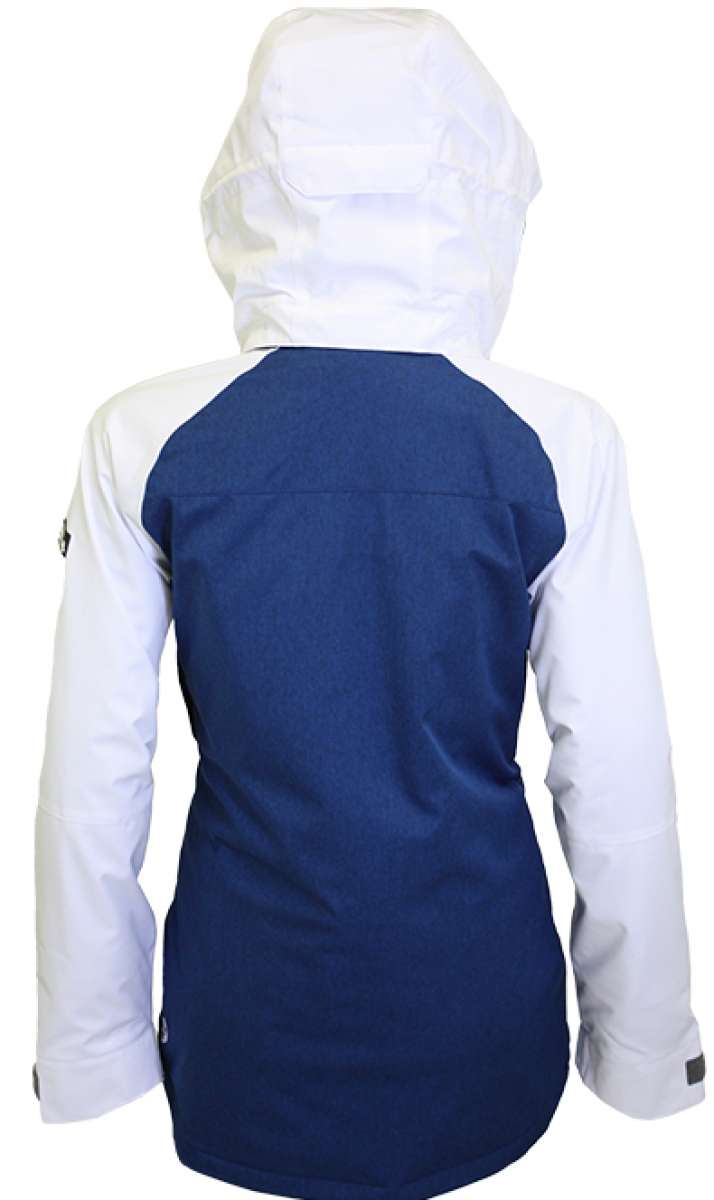 Turbine Ladies Glacier Insulated Jacket 2023 - A navy blue and white jacket with a hood, featuring a zippered front and two side pockets.
