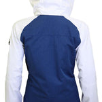 Turbine Ladies Glacier Insulated Jacket 2023 - A navy blue and white jacket with a hood, featuring a zippered front and two side pockets.