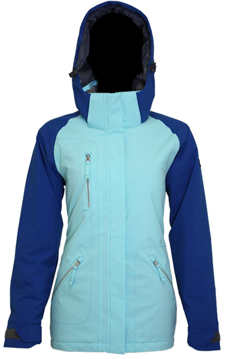 Turbine Ladies Glacier Insulated Jacket 2023 - A light blue and navy blue insulated jacket with a hood, featuring two zippered pockets on the front.