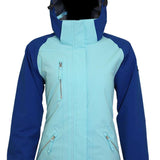 Turbine Ladies Glacier Insulated Jacket 2023 - A light blue and navy blue insulated jacket with a hood, featuring two zippered pockets on the front.