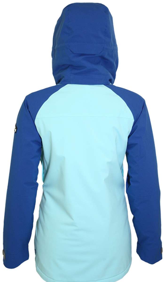 Turbine Ladies Glacier Insulated Jacket 2023 - A blue jacket with a hood, featuring a light blue panel on the back and dark blue sleeves.