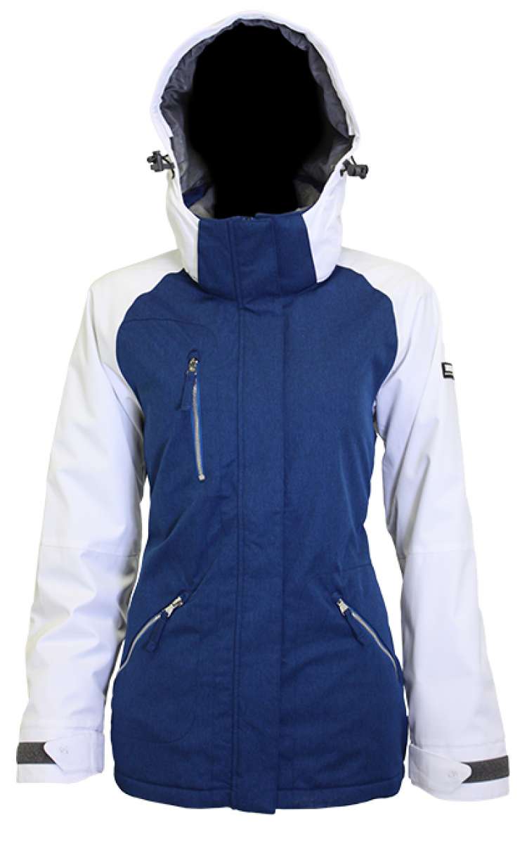 Turbine Ladies Glacier Insulated Jacket 2023 - A blue and white insulated jacket with a hood, featuring two zippered pockets on the front.