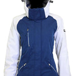 Turbine Ladies Glacier Insulated Jacket 2023 - A blue and white insulated jacket with a hood, featuring two zippered pockets on the front.