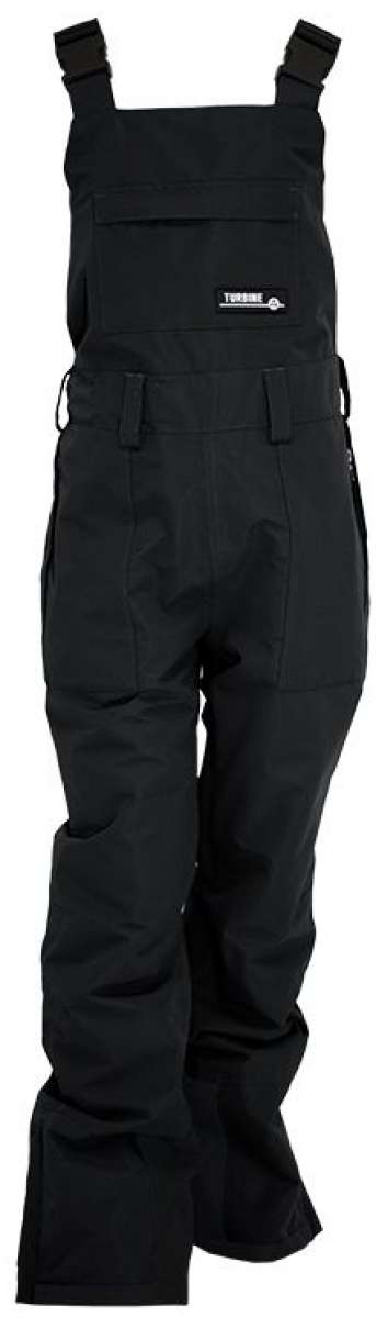 Turbine Ladies Longtrail Bib Pants 2024 - Black bib pants with white logo on left thigh and adjustable straps at shoulders.