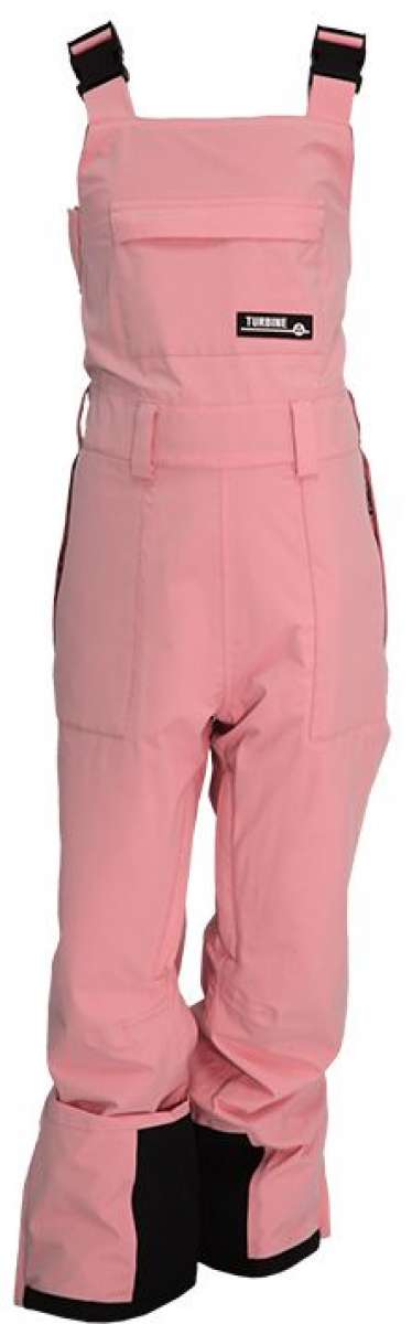 Turbine Ladies Longtrail Bib Pants 2024 - A pair of pink snow pants with black accents on the straps and a small logo patch near the front waistband.