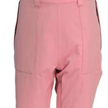 Turbine Ladies Longtrail Bib Pants 2024 - A pair of pink snow pants with black accents on the straps and a small logo patch near the front waistband.