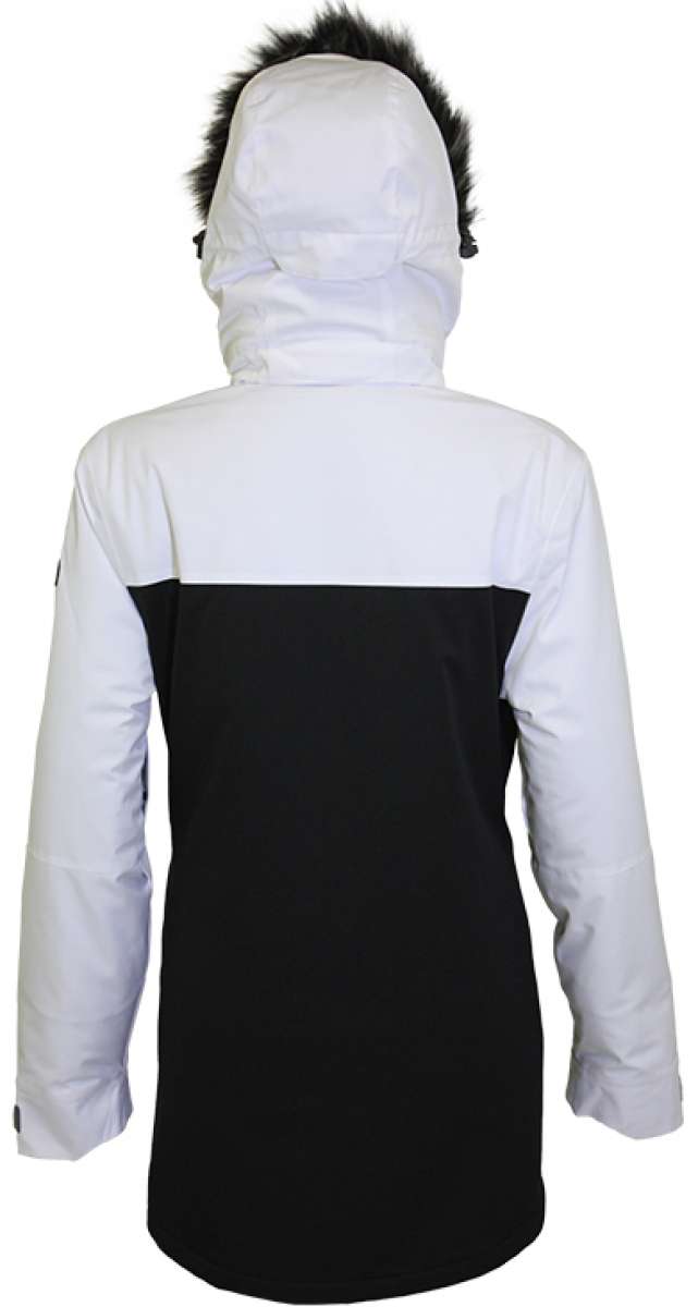 Turbine Ladies Powday Insulated Jacket 2023 - A white and black insulated jacket with a fur-lined hood, featuring a zippered front and two side pockets.
