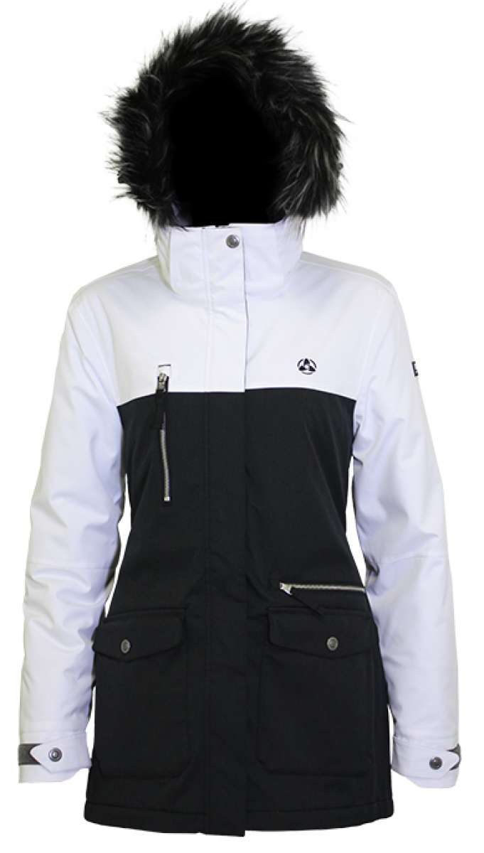 Turbine Ladies Powday Insulated Jacket 2023 - A black and white insulated jacket with a fur-lined hood, featuring two zippered pockets on the front.