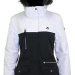 Turbine Ladies Powday Insulated Jacket 2023 - A black and white insulated jacket with a fur-lined hood, featuring two zippered pockets on the front.