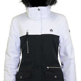Turbine Ladies Powday Insulated Jacket 2023 - A black and white insulated jacket with a fur-lined hood, featuring two zippered pockets on the front.