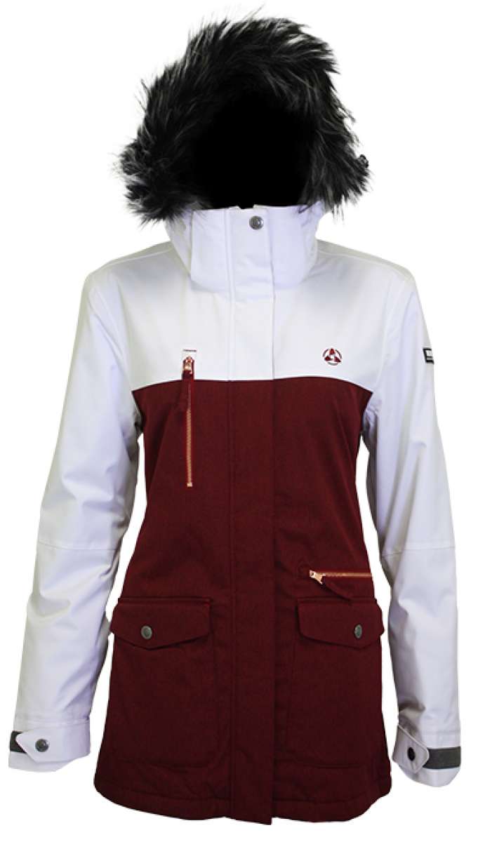 Turbine Ladies Powday Insulated Jacket 2023 - A white and maroon jacket with a fur-lined hood, featuring two zippered pockets on the front.