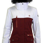 Turbine Ladies Powday Insulated Jacket 2023 - A white and maroon jacket with a fur-lined hood, featuring two zippered pockets on the front.