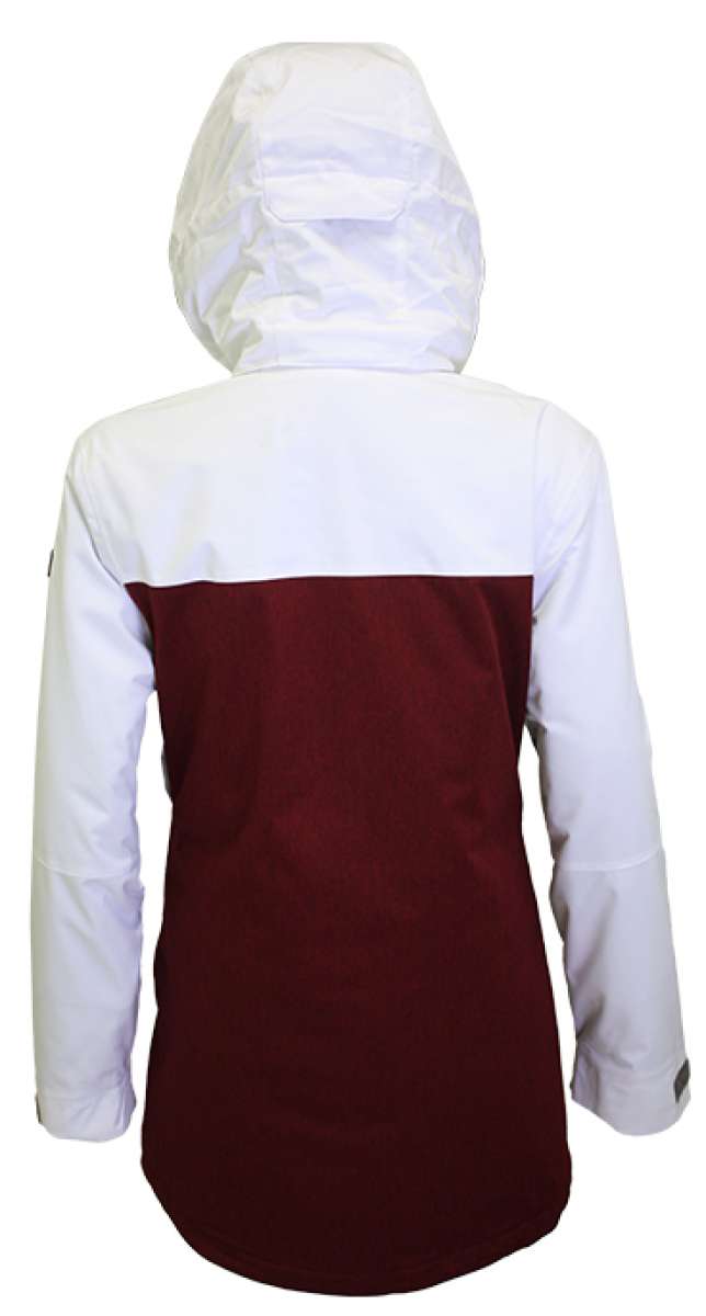 Turbine Ladies Powday Insulated Jacket 2023 - A white and maroon jacket with a hood, featuring a zippered front and two pockets on either side.