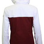 Turbine Ladies Powday Insulated Jacket 2023 - A white and maroon jacket with a hood, featuring a zippered front and two pockets on either side.