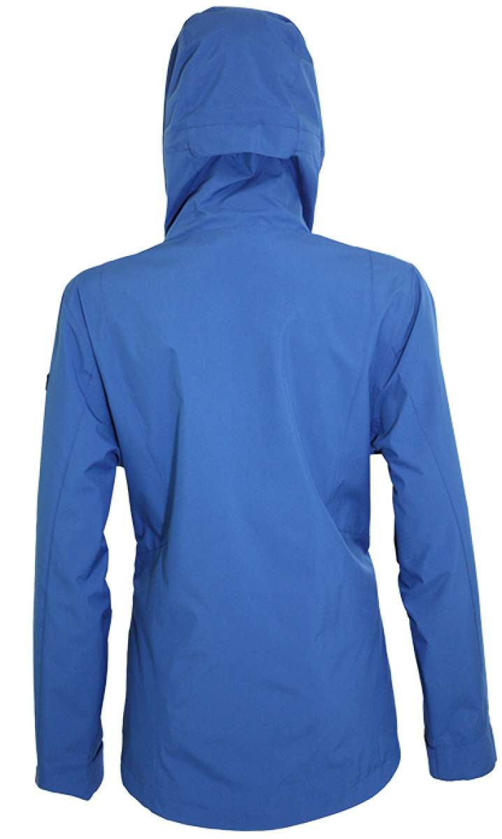 Turbine Ladies Switchback Shell Jacket 2023 - A blue jacket with a hood, featuring a zippered front and two side pockets.