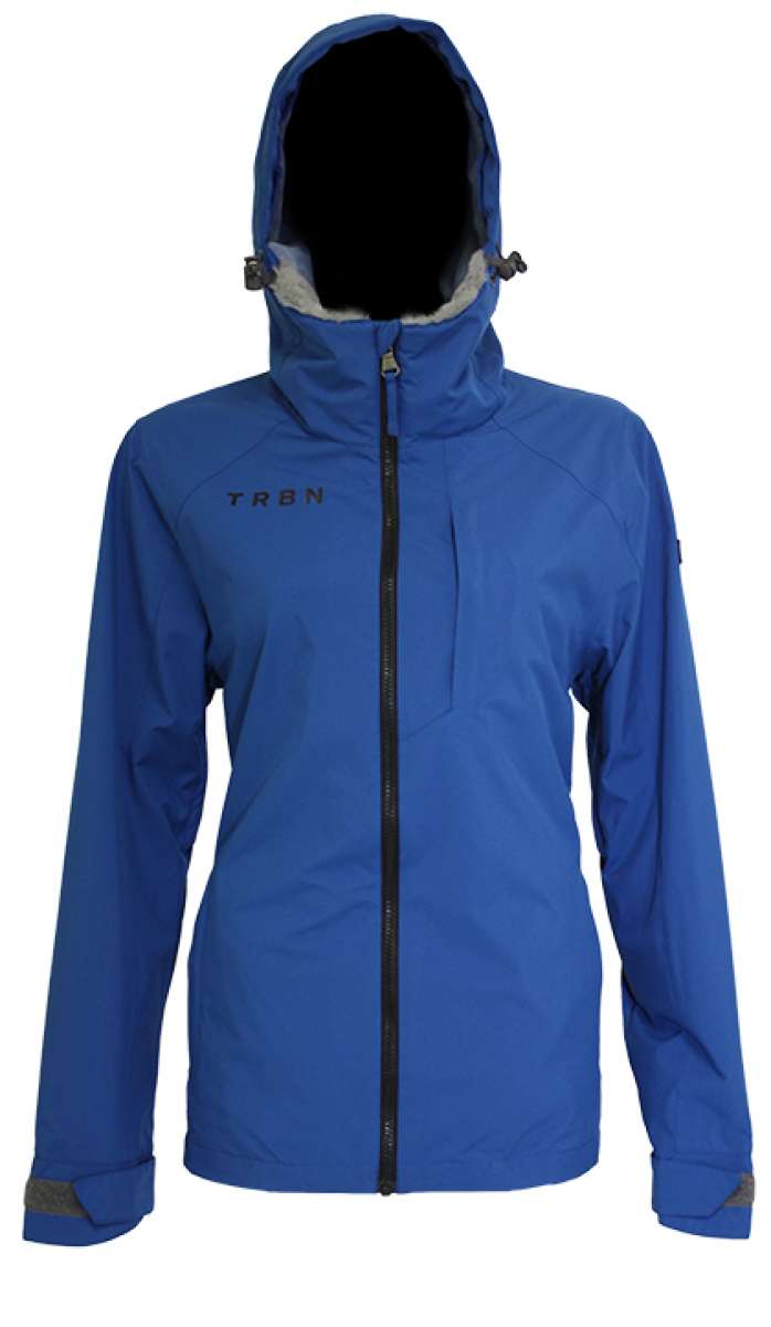 Turbine Ladies Switchback Shell Jacket 2023 - A royal blue jacket with a white fleece lining visible inside the hood.