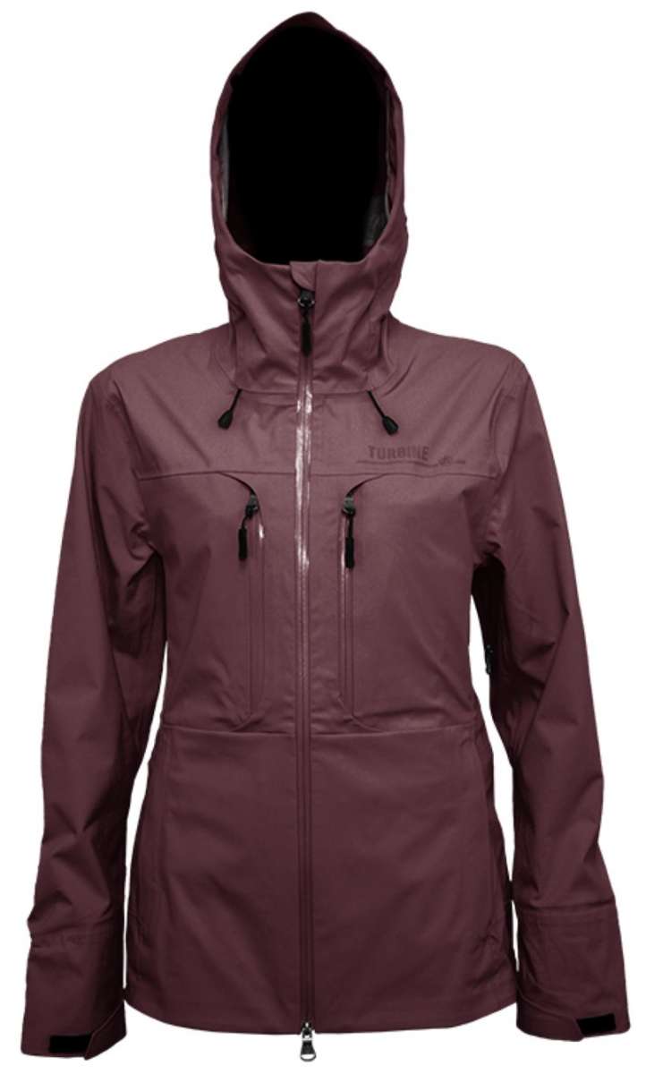 Turbine Ladies Trailblazer 3 Layer Jacket 2024 - A dusty rose-colored jacket with a hood, featuring black drawstrings and zippers.