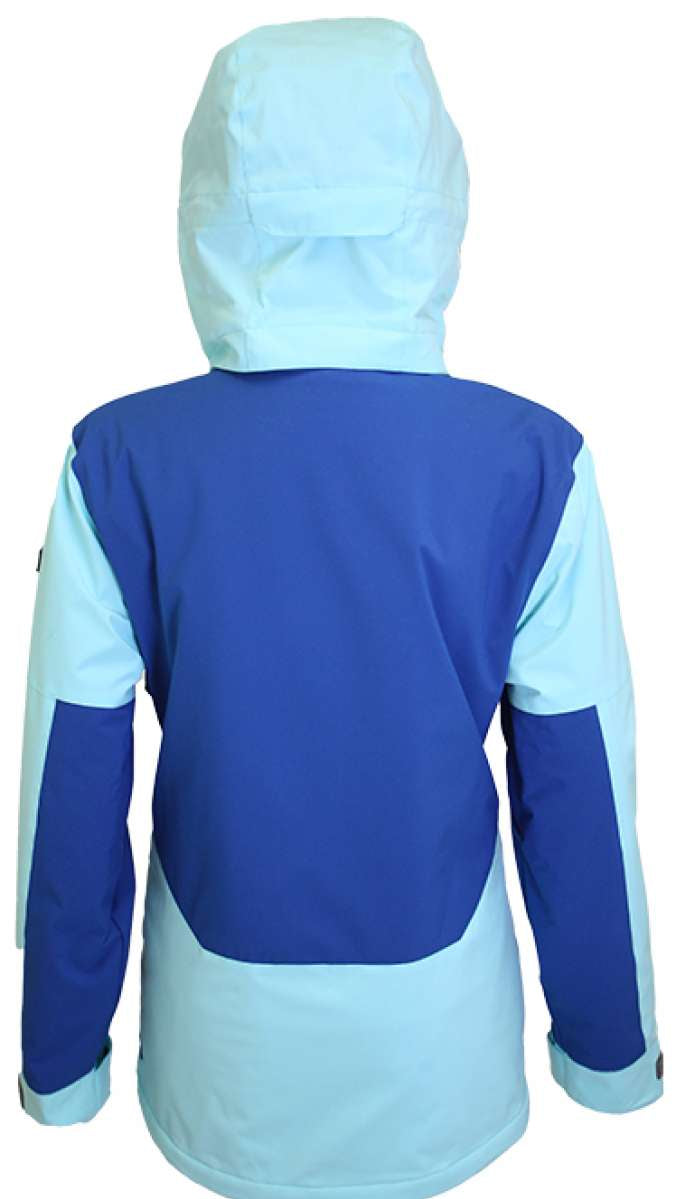 Turbine Ladies Wilder Insulated Jacket 2023 - A blue and white jacket with a hood, featuring a zipper closure on the front.