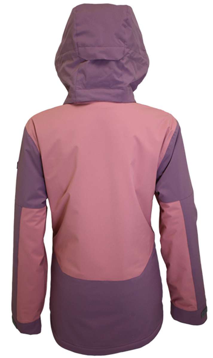 Turbine Ladies Wilder Insulated Jacket - A dusty rose jacket with a darker rose-colored hood and accents on sleeves, featuring a zippered chest pocket and two side pockets.