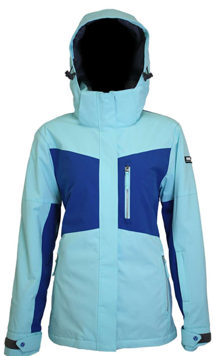 Turbine Ladies Wilder Insulated Jacket 2023 - A light blue jacket with a darker blue geometric pattern on the chest and sleeves, featuring a hood and silver zipper.