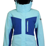 Turbine Ladies Wilder Insulated Jacket 2023 - A light blue jacket with a darker blue geometric pattern on the chest and sleeves, featuring a hood and silver zipper.