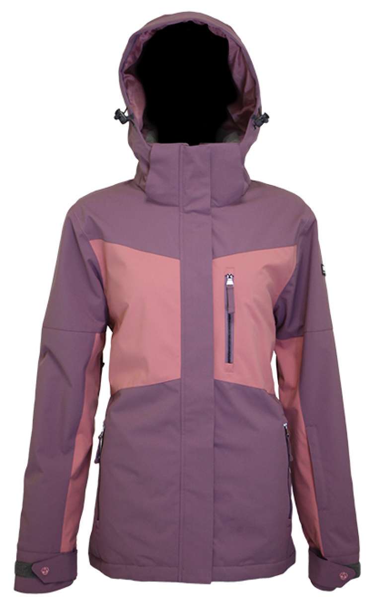 Turbine Ladies Wilder Insulated Jacket - A dusty rose-colored jacket with a darker rose stripe across the chest and down the arms, featuring a zippered front and hood.