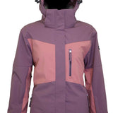 Turbine Ladies Wilder Insulated Jacket - A dusty rose-colored jacket with a darker rose stripe across the chest and down the arms, featuring a zippered front and hood.
