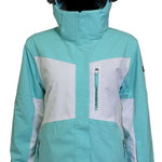 Turbine Ladies Wilder Insulated Jacket 2024 - A light blue and white jacket with a hood, featuring black zippers on the front pockets.