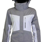 Turbine Ladies Wilder Insulated Jacket 2024 - A grey and white jacket with a hood, featuring a zipper down the front.