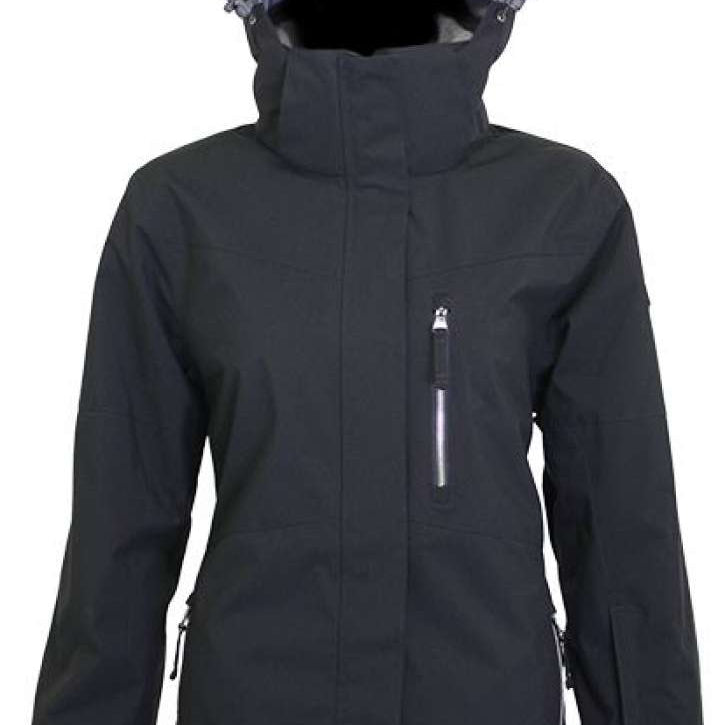 Turbine Ladies Wilder Insulated Jacket - A black jacket with a hood, featuring a zipper and two zippered pockets on either side.