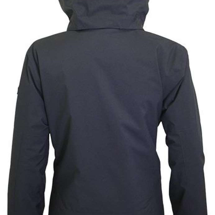 Turbine Ladies Wilder Insulated Jacket 2024 - A dark grey jacket with a hood, featuring a small pocket on the upper back and a reflective strip on the left sleeve cuff.