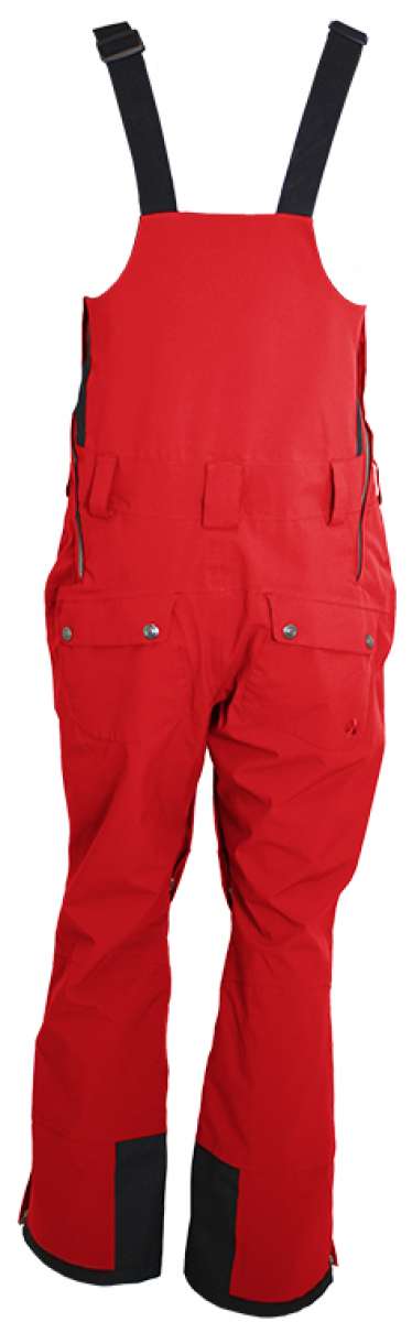 Turbine Mission II Bib Pants 2024 - Red bib pants with black trim and silver hardware, featuring a snow-covered mountain landscape in the background.