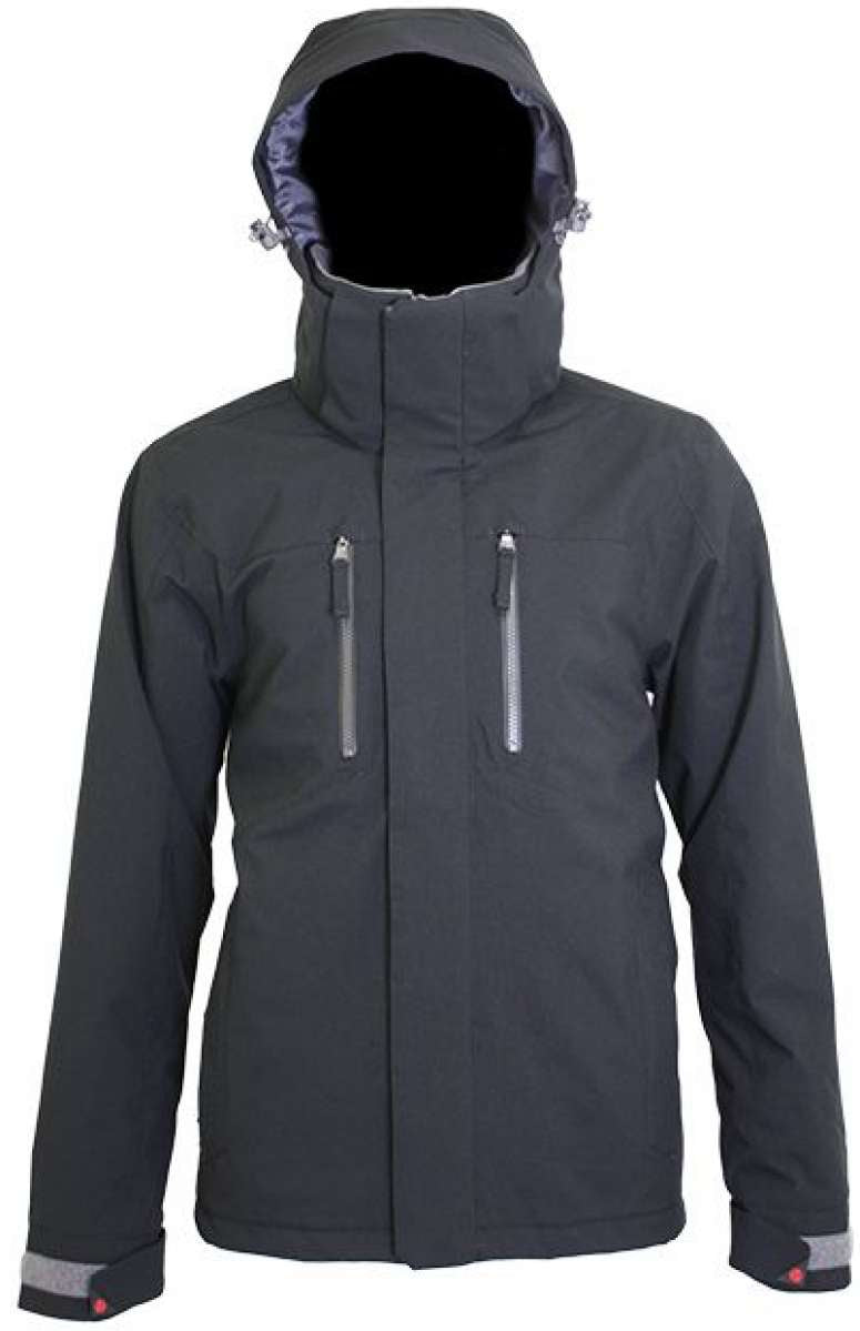 Turbine Ninja Insulated Jacket 2023 - A dark gray jacket with a hood, featuring two zippered pockets on the front and reflective strips along the arms.