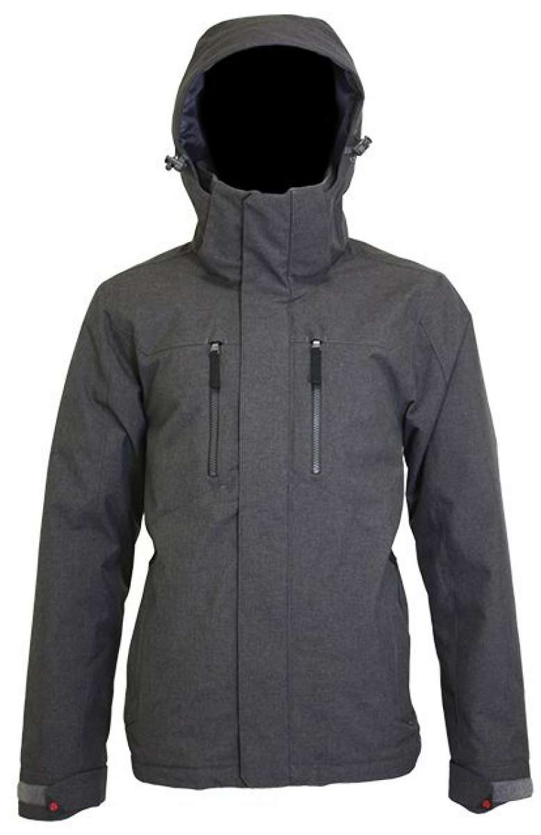 Turbine Ninja Insulated Jacket 2023 - A dark gray jacket with a high collar and zippered pockets, featuring a hood with adjustable drawstrings.