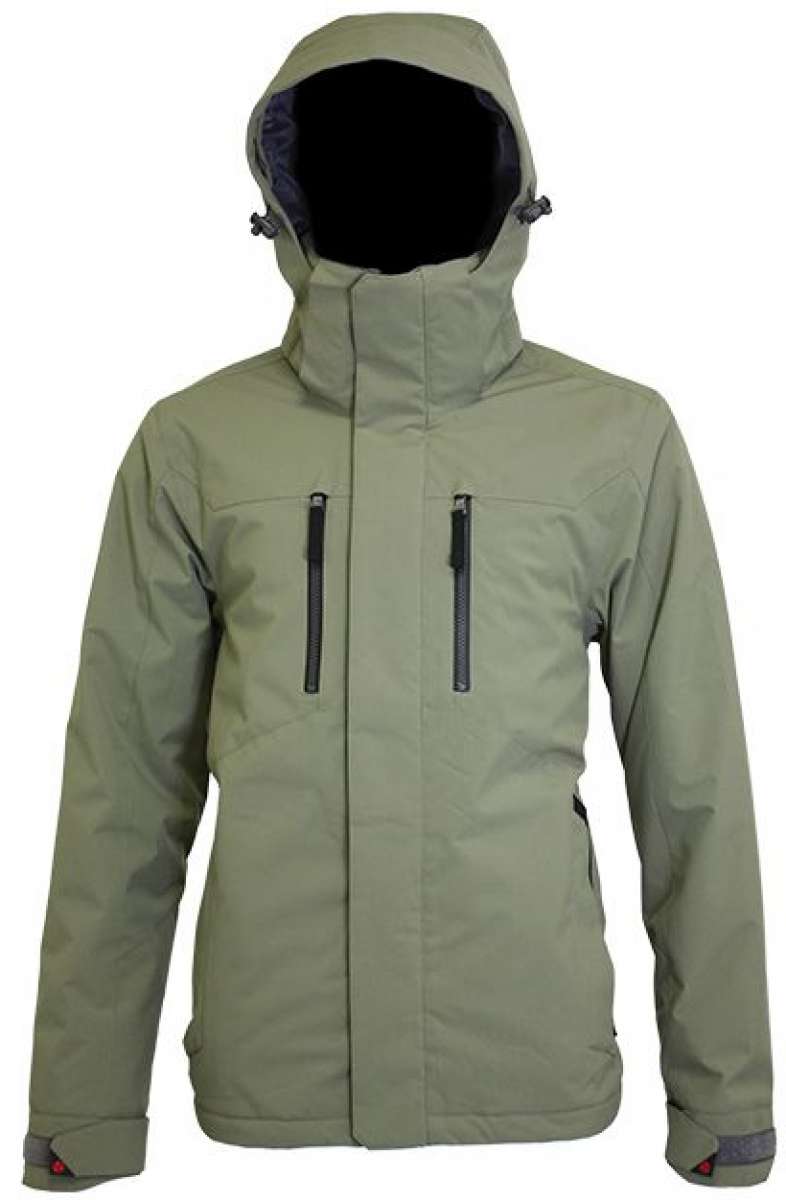 Turbine Ninja Insulated Jacket 2023 - A sage green jacket with a high collar and zippered pockets, featuring black zippers and a hood.