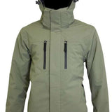 Turbine Ninja Insulated Jacket 2023 - A sage green jacket with a high collar and zippered pockets, featuring black zippers and a hood.
