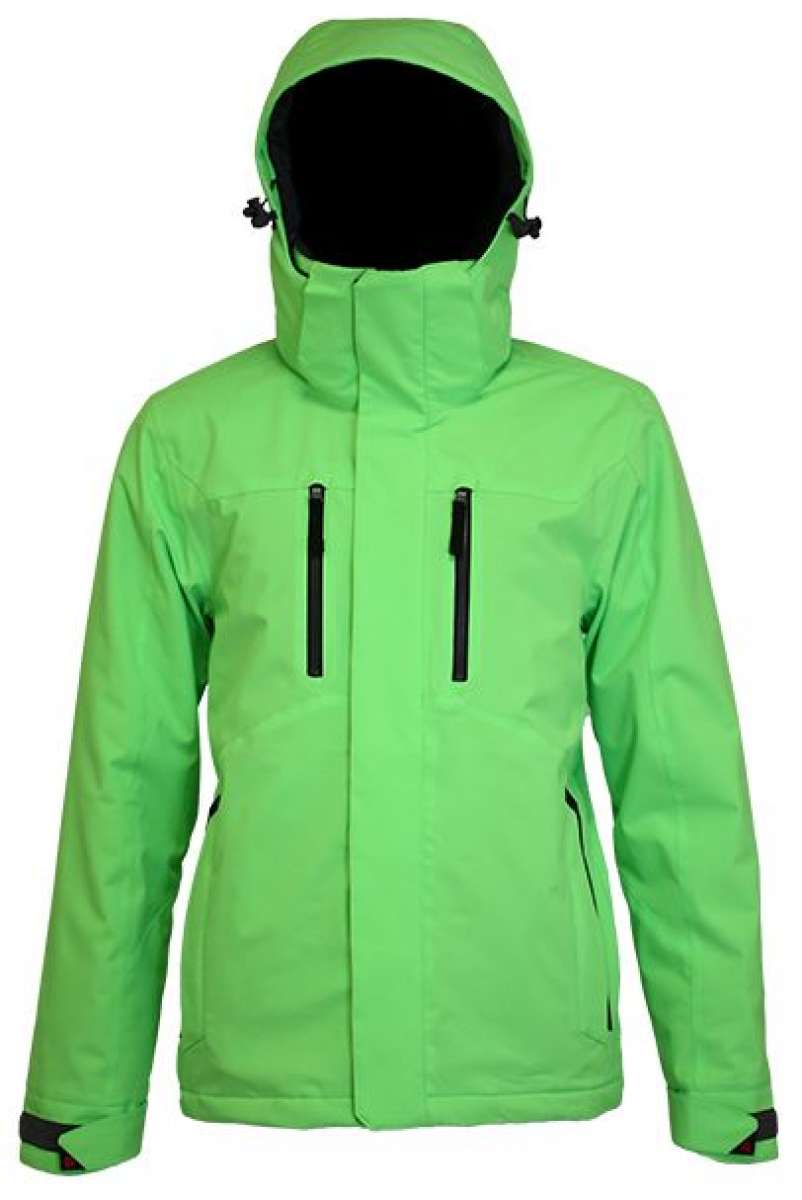 Turbine Ninja Insulated Jacket 2023 - A lime green jacket with a black zipper and two zippered pockets on either side of the chest.