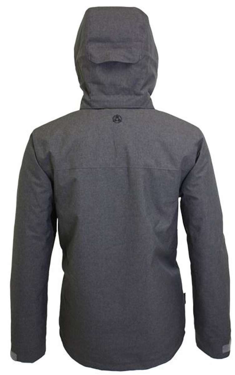 Turbine Ninja Insulated Jacket 2023 - A dark grey jacket with a hood, featuring a black zipper and two zippered pockets on either side.