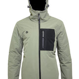 Turbine Patch Insulated Jacket 2021 - A sage green jacket with a black patch on the left chest and a black zipper down the front.